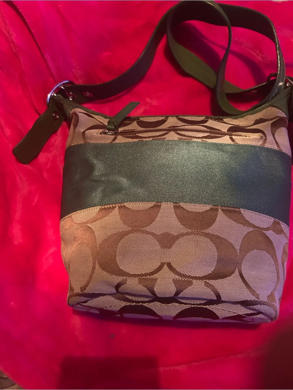 Coach Brown Signature Crossbody with Green Band